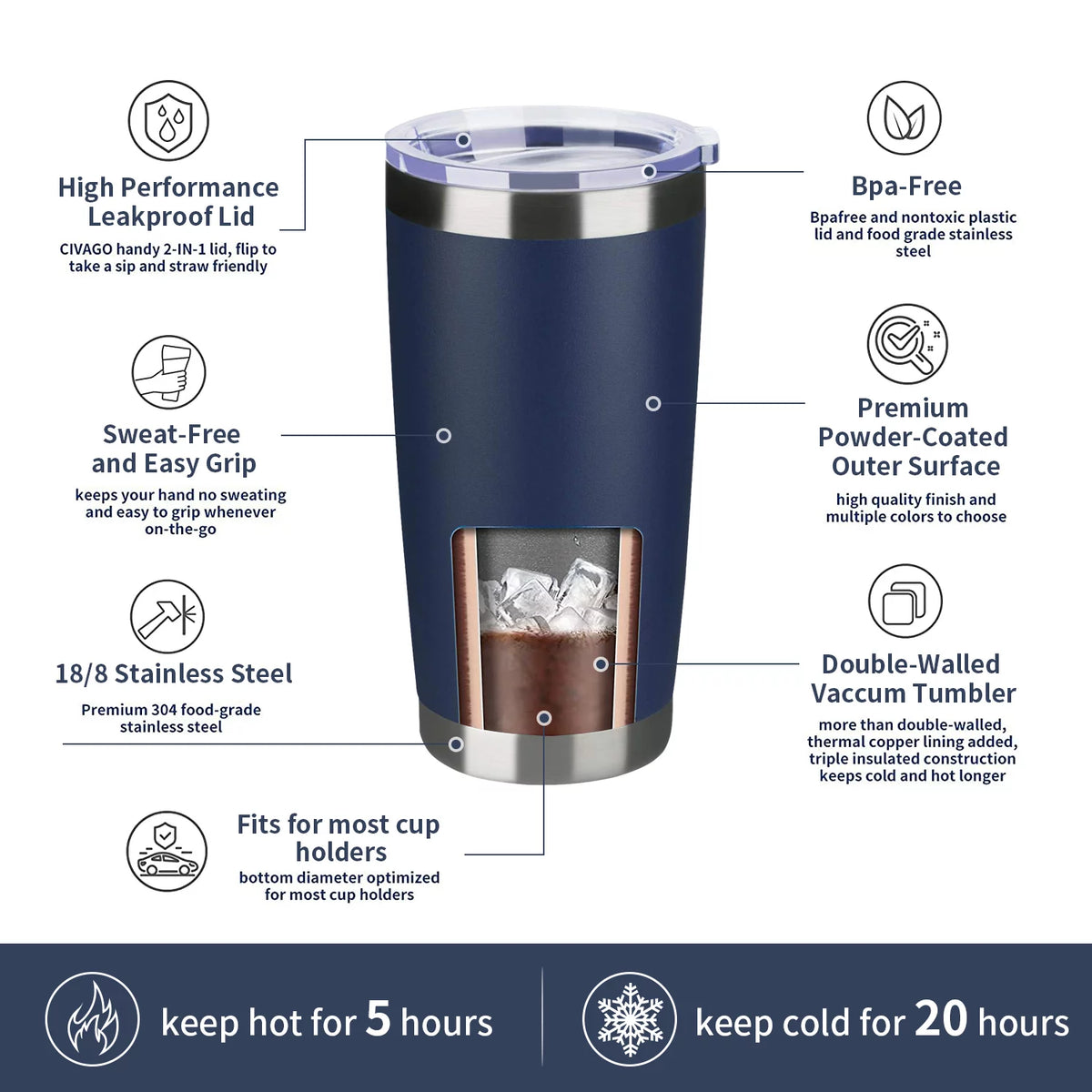 20oz Double Wall Vacuum Insulated Stainless Steel Tumbler 8 Pack with Lid and Straw O1165