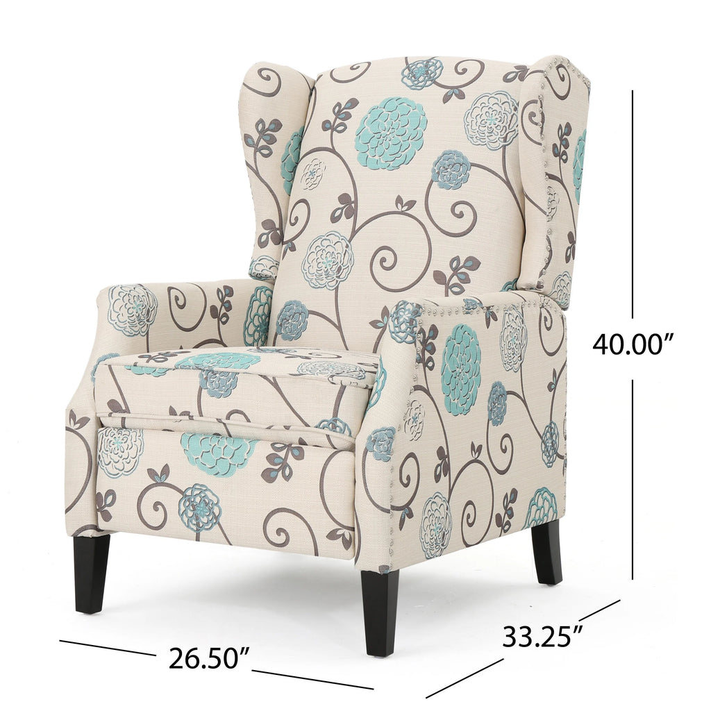 White and Blue Fabric Wing Back Recliner F37784