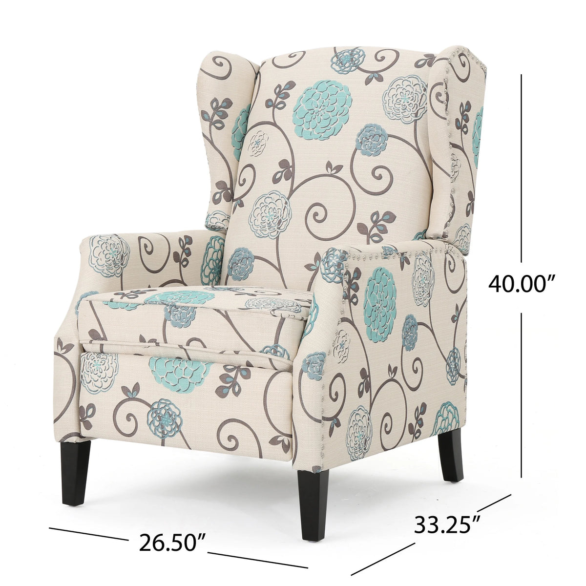 White and Blue Fabric Wing Back Recliner F37784