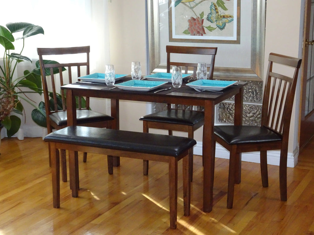 5 Pcs Rectangular Table 3 Wooden Chairs Bench Medium Brown I505
