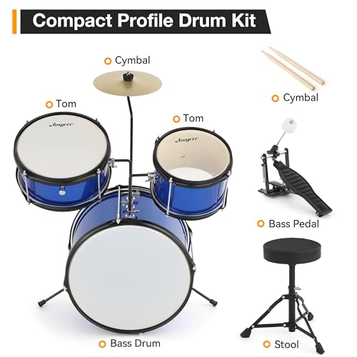 Black 3 Piece Kids Drum Set with Cymbal, Drumsticks, Pedal, Throne Stool H885