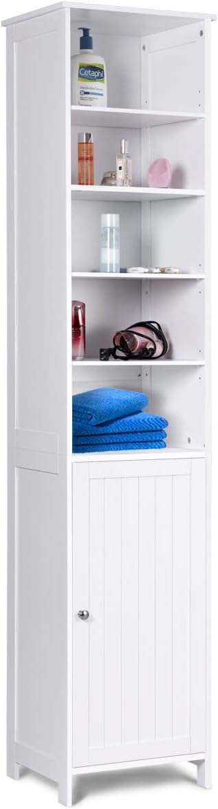 White Tall Bathroom Storage Cabinet with Door and 5 Adjustable Shelves L80097
