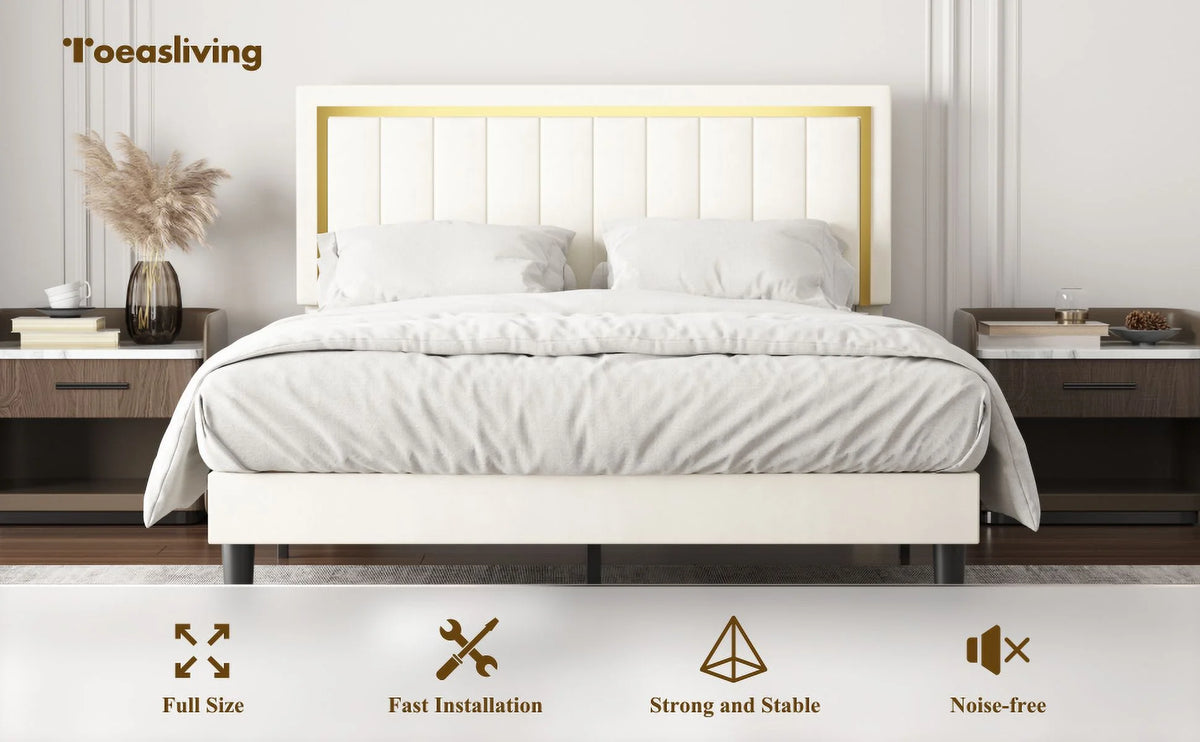 Upholstered Platform Bed Frame with Gold Trim Full Size Fabric Bed H589865