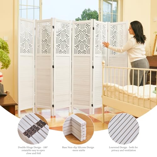 5.6 Ft Wood Carved Folding Room Divider 6 Panel Gray T25418