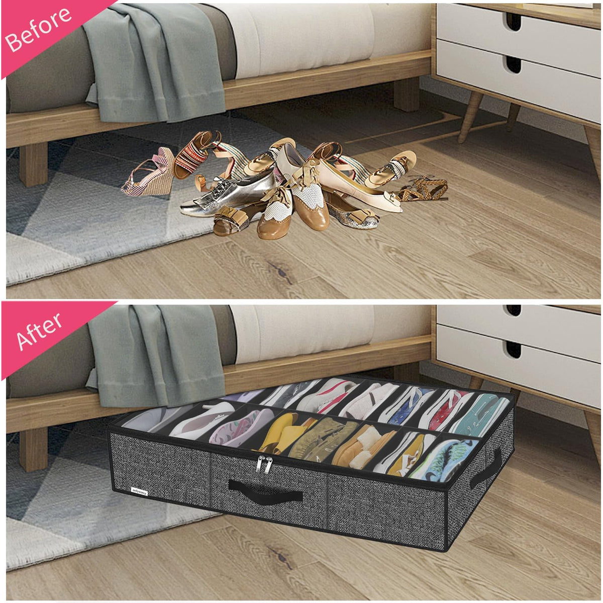 Black Linen-like Underbed Shoe Storage Organizer L64377