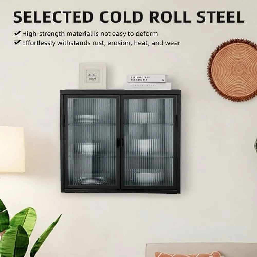 Double Glass Door Wall Cabinet with Detachable Shelves Black P839