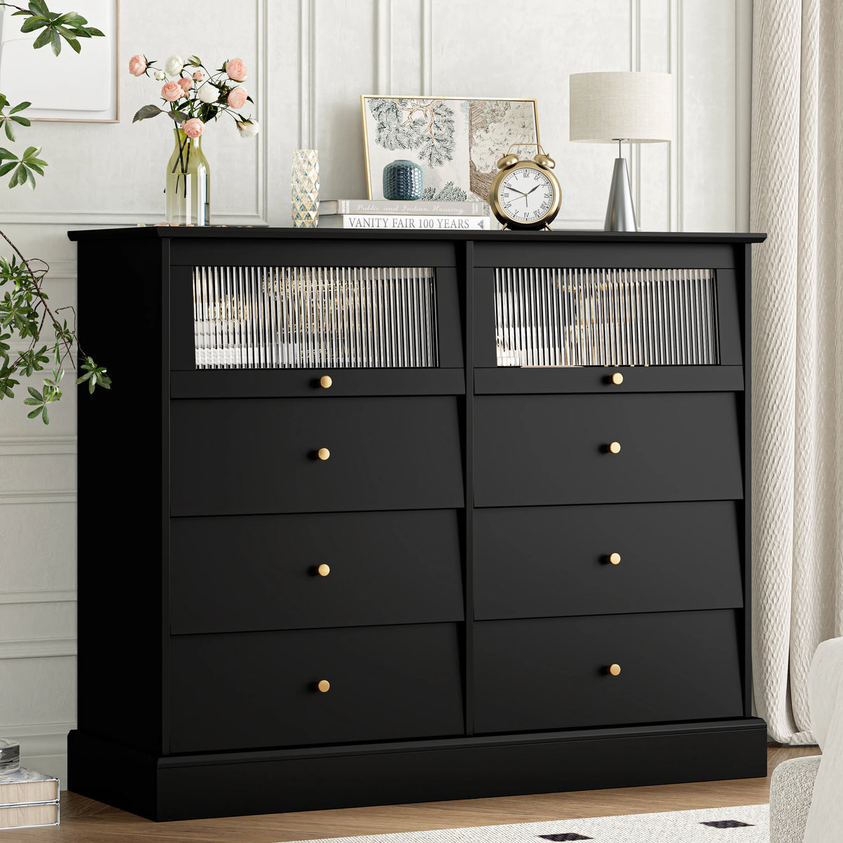 Black 8 Drawer Glass Door Wood Dresser U193929