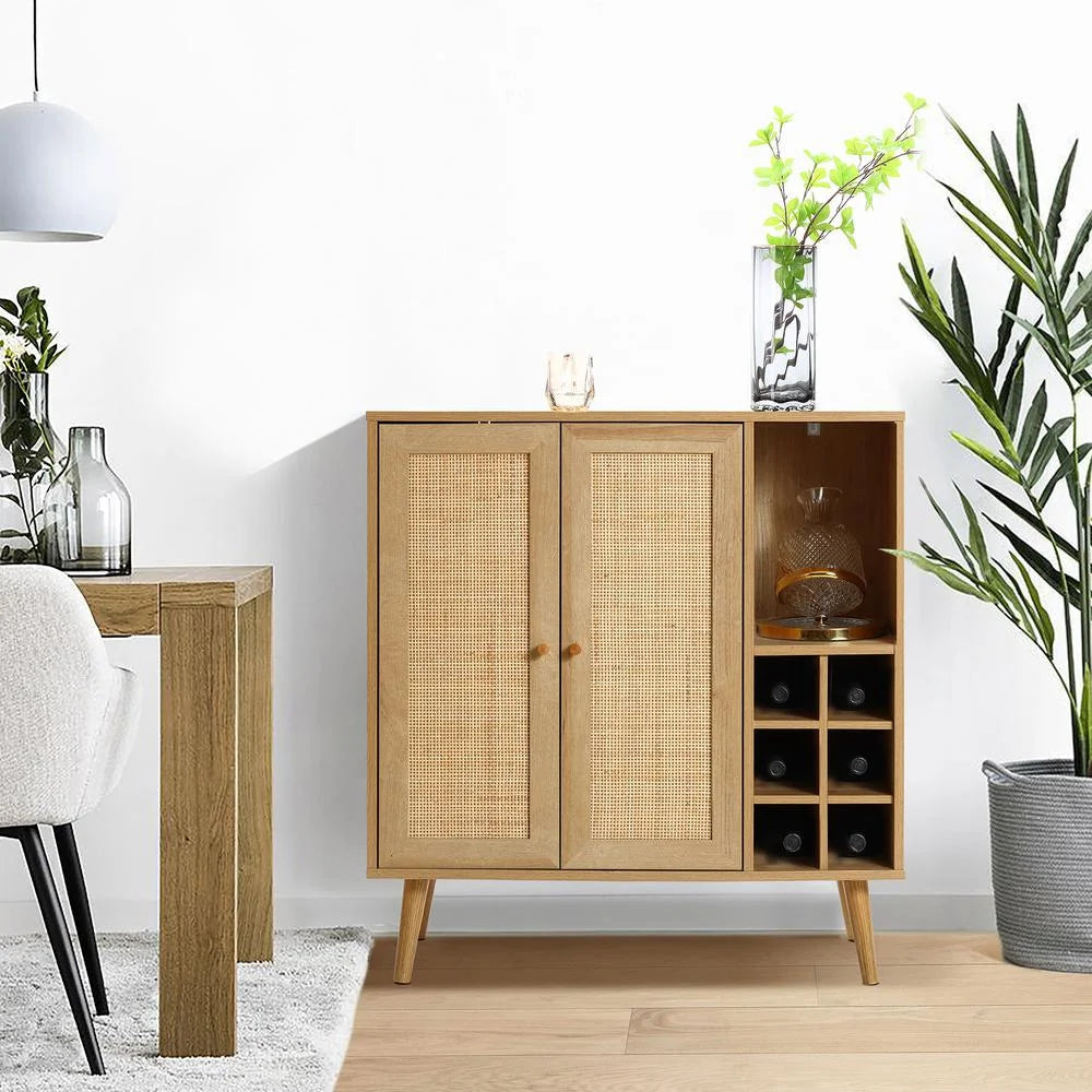 Light Oak Engineered Wood Rattan Wine and Storage Cabinet V83626