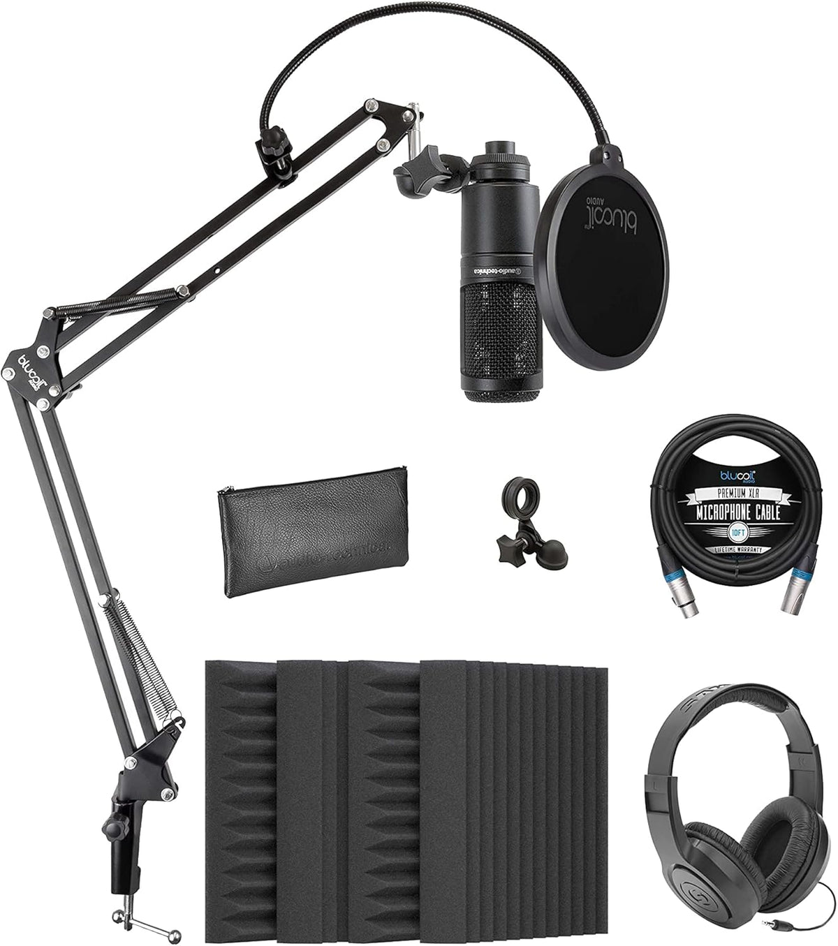 Cardioid Condenser Microphone Bundle with 12 Acoustic Foam Isolation Panel Wedges, 10' XLR Cable, Boom Arm, Pop Filter, and Headphones S572