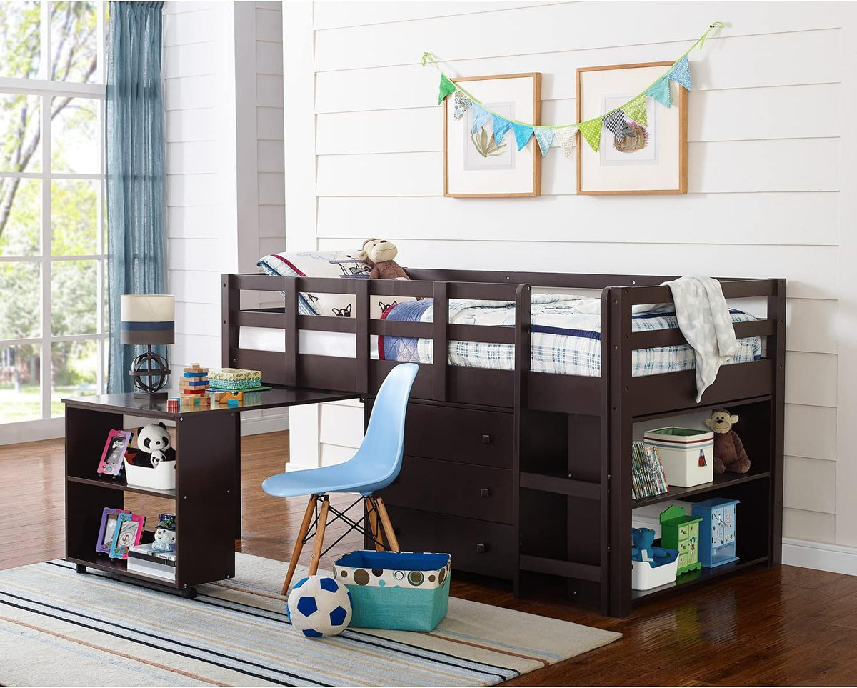 Twin Size Espresso Loft Bed with Desk and Storage V30949