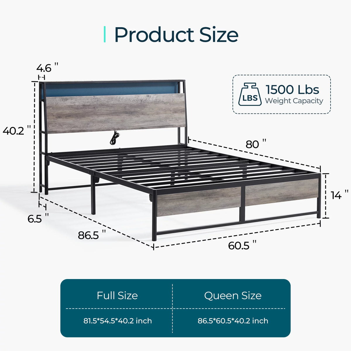 Full Size Platform Bed Frame with Headboard and Storage Shelves W473182