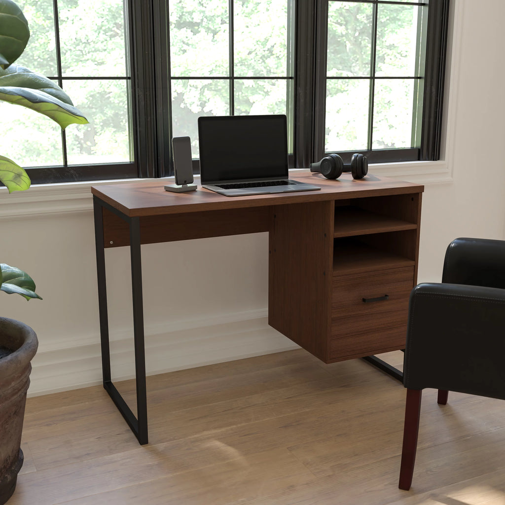 Rustic Coffee Wood Grain Computer Desk with Metal Frame K9371