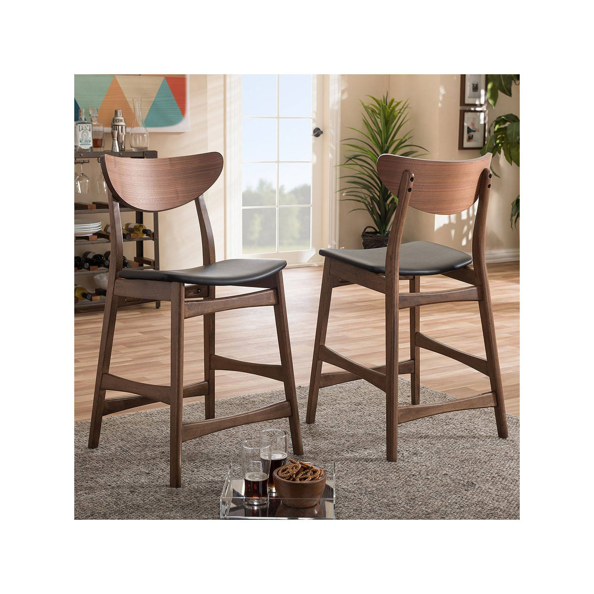 Faux Leather Counter Stool, Set of 2, Black C21154