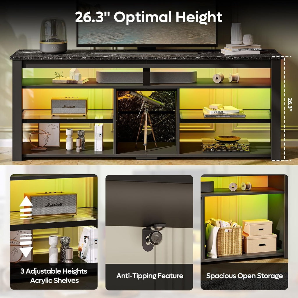 Black Marble TV Stand with 2 Led Lights U96445