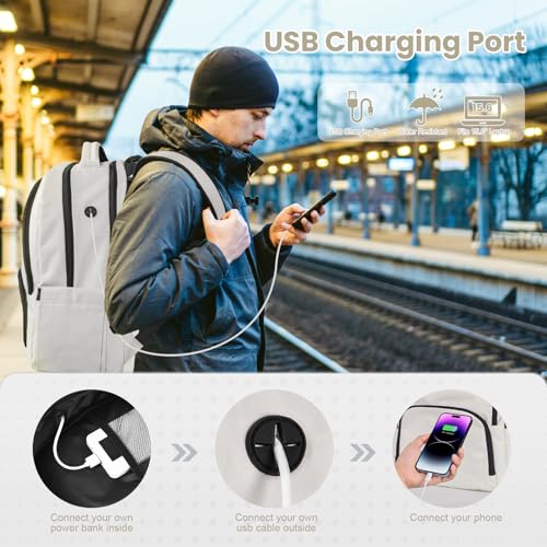 17 Inch Grey Water Resistant Travel Laptop Backpack with USB Charger Hole & Luggage Sleeve Q458864