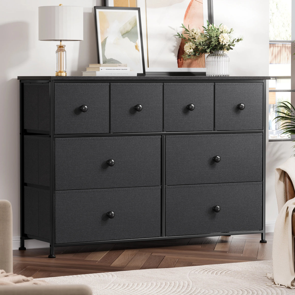 8 Drawer Fabric Dresser with Steel Frame and Wooden Top N5686