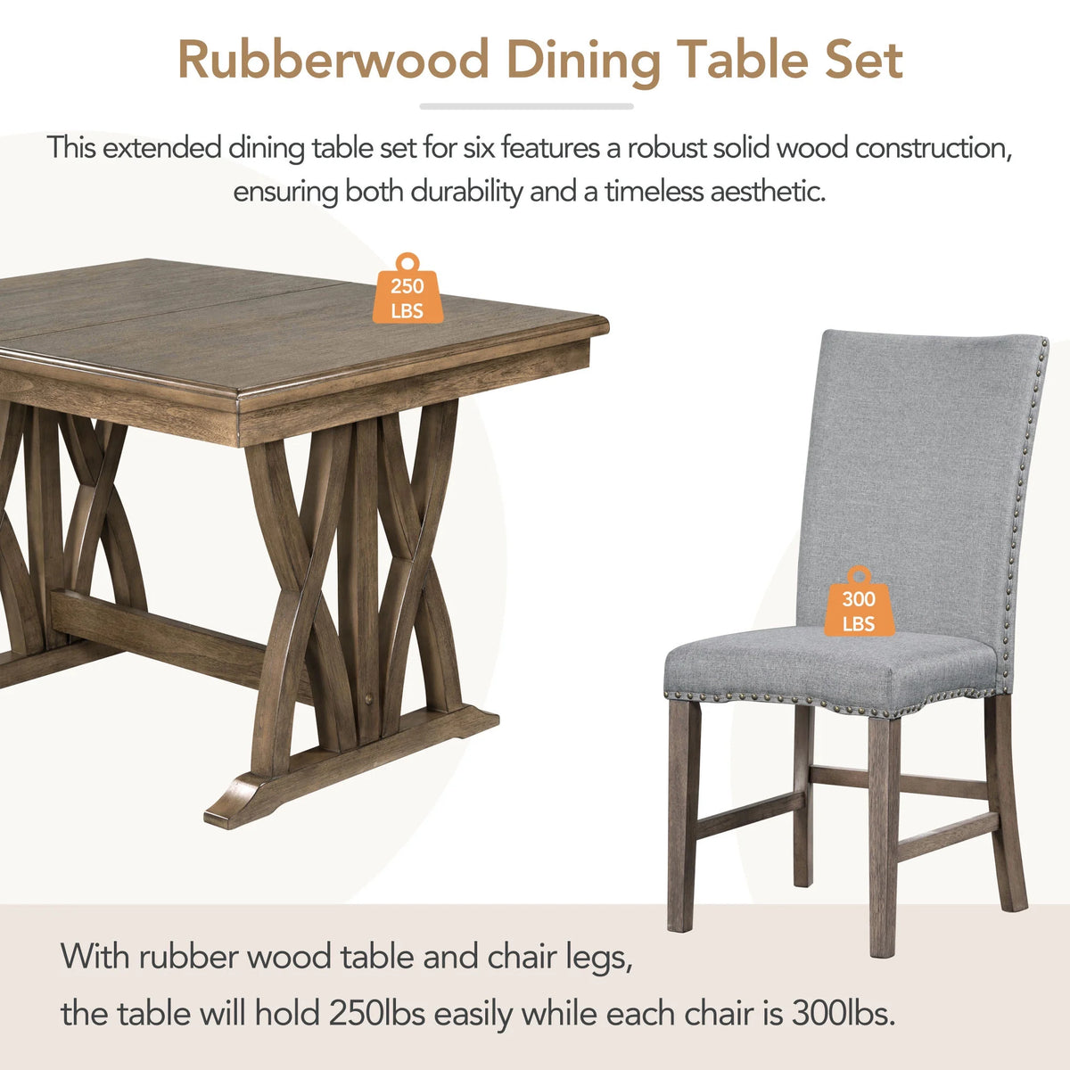 Solid Wood 7-Piece Extendable Dining Table Set with Upholstered Chairs E865408