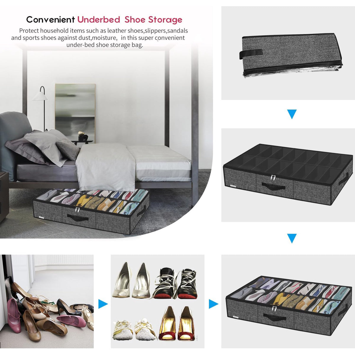 Black Linen-like Underbed Shoe Storage Organizer L64377