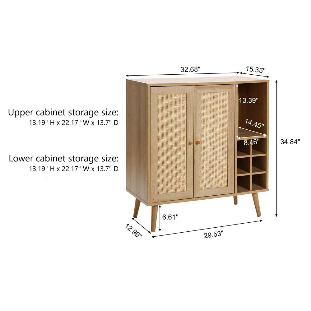 Light Oak Engineered Wood Rattan Wine and Storage Cabinet V83626