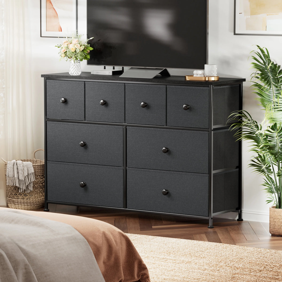 8 Drawer Fabric Dresser with Steel Frame and Wooden Top N5686