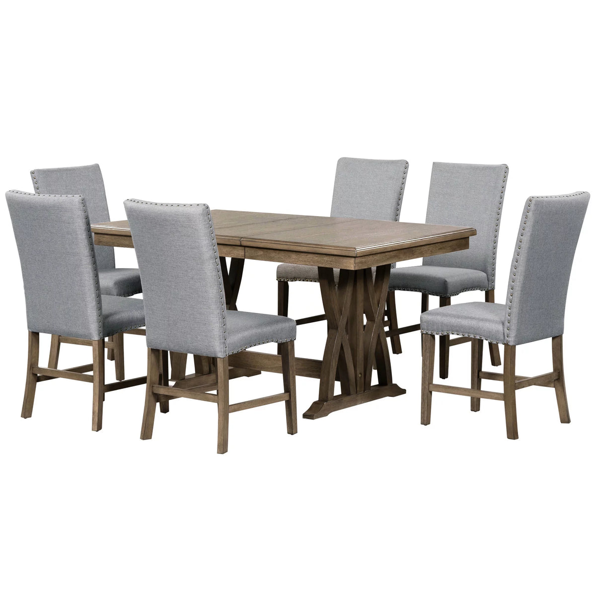 Solid Wood 7-Piece Extendable Dining Table Set with Upholstered Chairs E865408