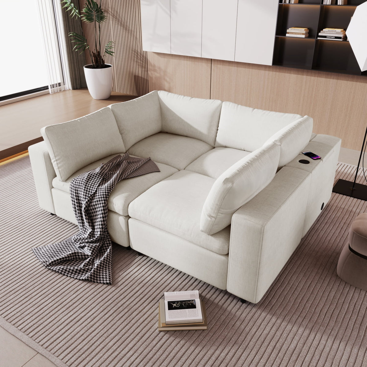 Beige 4 Seat Upholstered Modular Sofa with USB Charge Ports R906