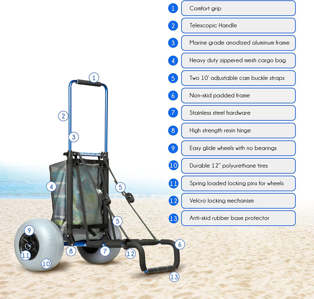 Aluminum Foldable Beach Cart Trolley 12 INCH Big Wheels Balloon Tires M446