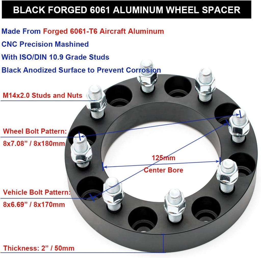 Black Forged 8x170 to 8x180 Wheel Adapters 2 Inch with 14x2 Studs Pack of 4 X54341