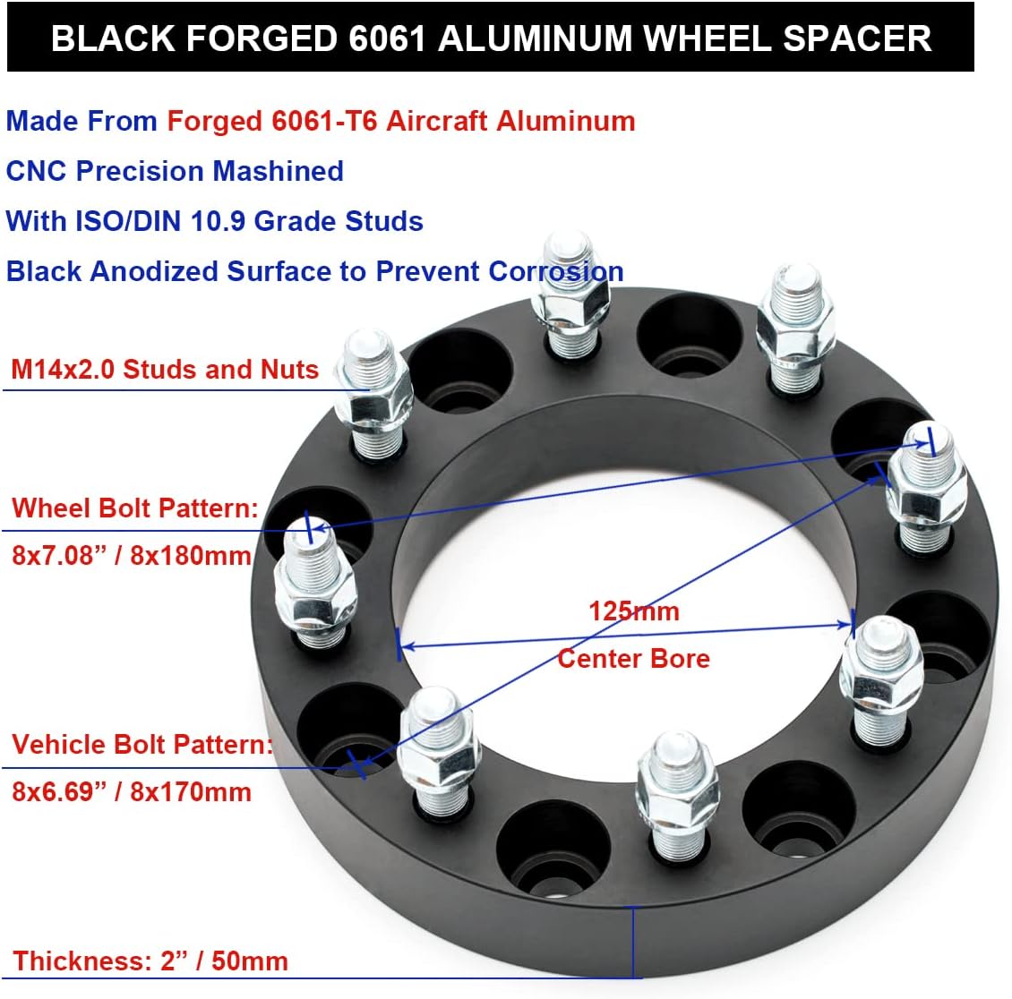 Black Forged 8x170 to 8x180 Wheel Adapters 2 Inch with 14x2 Studs Pack of 4 X54341