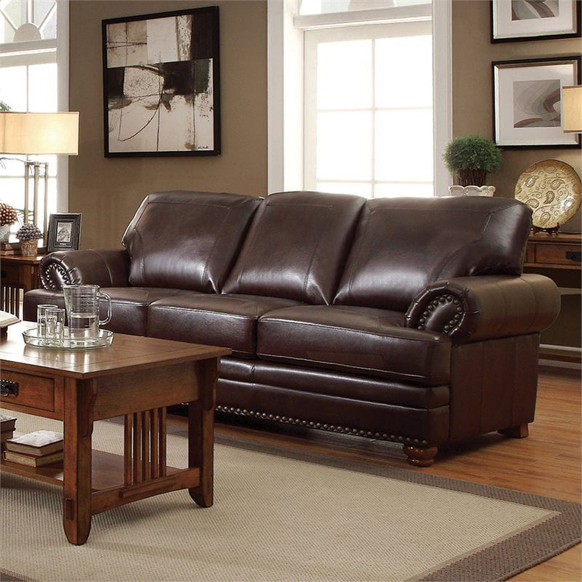 Brown Faux Leather Sofa with Rolled Arms W717