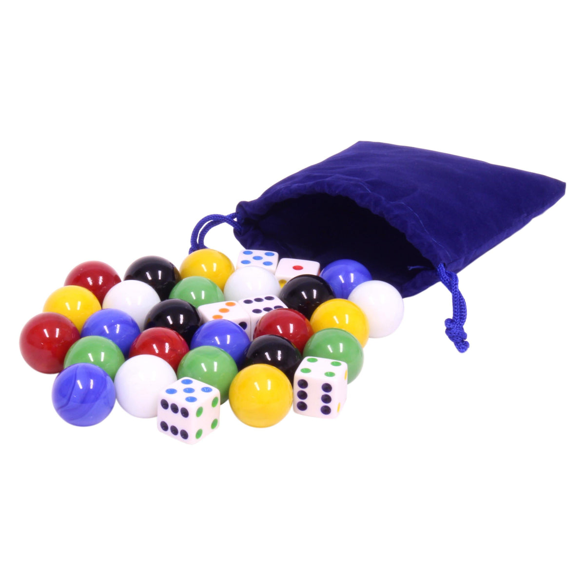 Game Bag of 24 Large Glass Marbles and 6 Dice S116