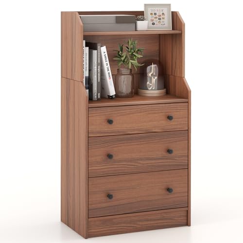 3 Drawers Dresser with Shelves, Tall Nightstand with 2 Open Shelves, Chest of Drawers (Walnut) M498111