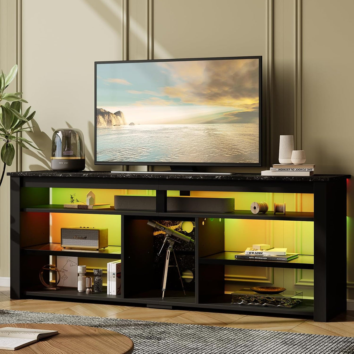 Black Marble TV Stand with 2 Led Lights U96445