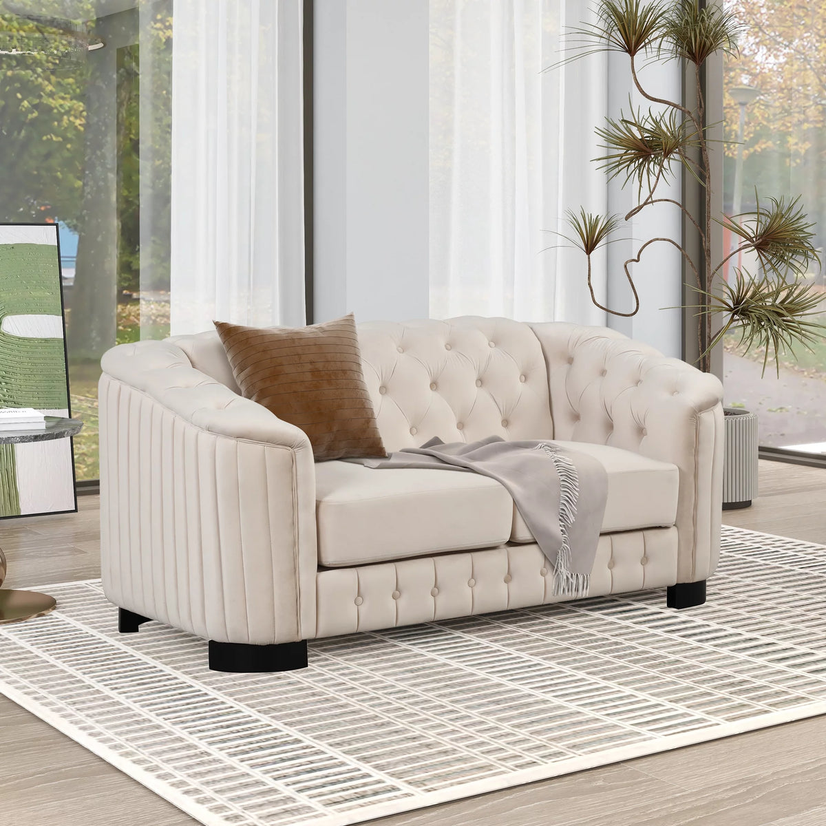 64" Beige Velvet Upholstered Loveseat Sofa B58187