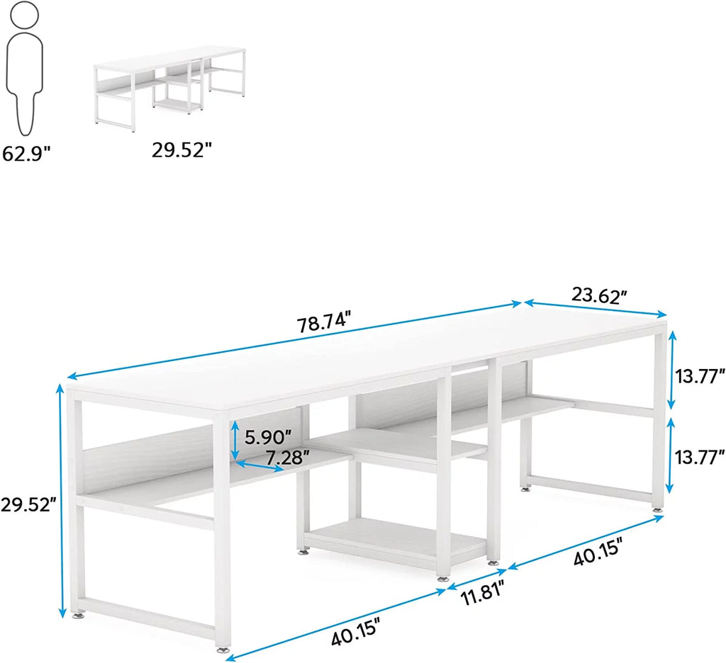 White Two Person Desk with Bookshelf R44960