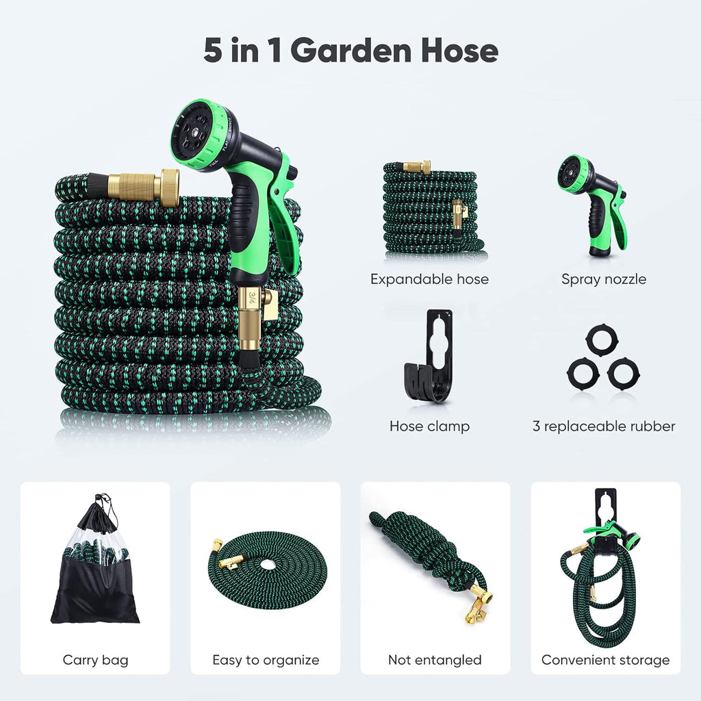 Expandable Garden Hose 100ft Heavy Duty Flexible Water Hose with 10 Function Sprayer Nozzle, 3/4 inch Solid Brass Fittings A4881