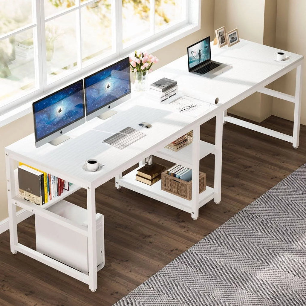 White Two Person Desk with Bookshelf R44960