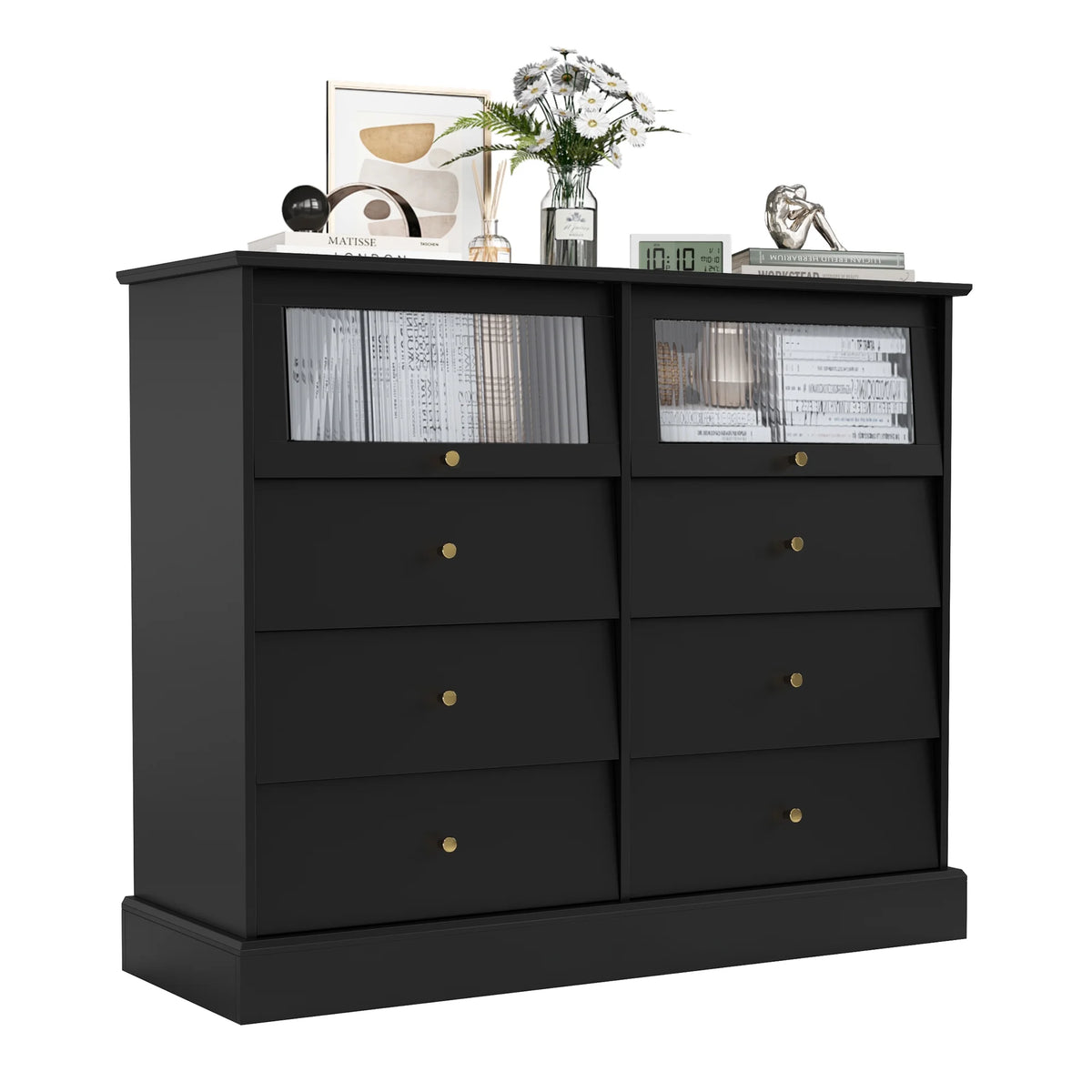 Black 8 Drawer Glass Door Wood Dresser U193929