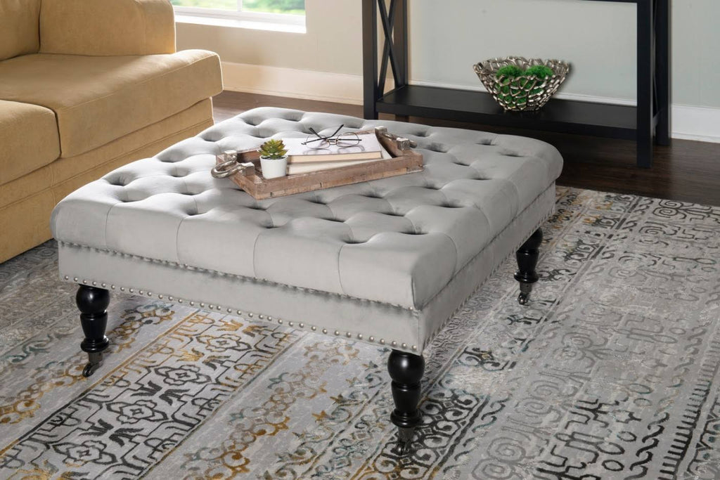 Gray Velvet Square Tufted Ottoman W5365