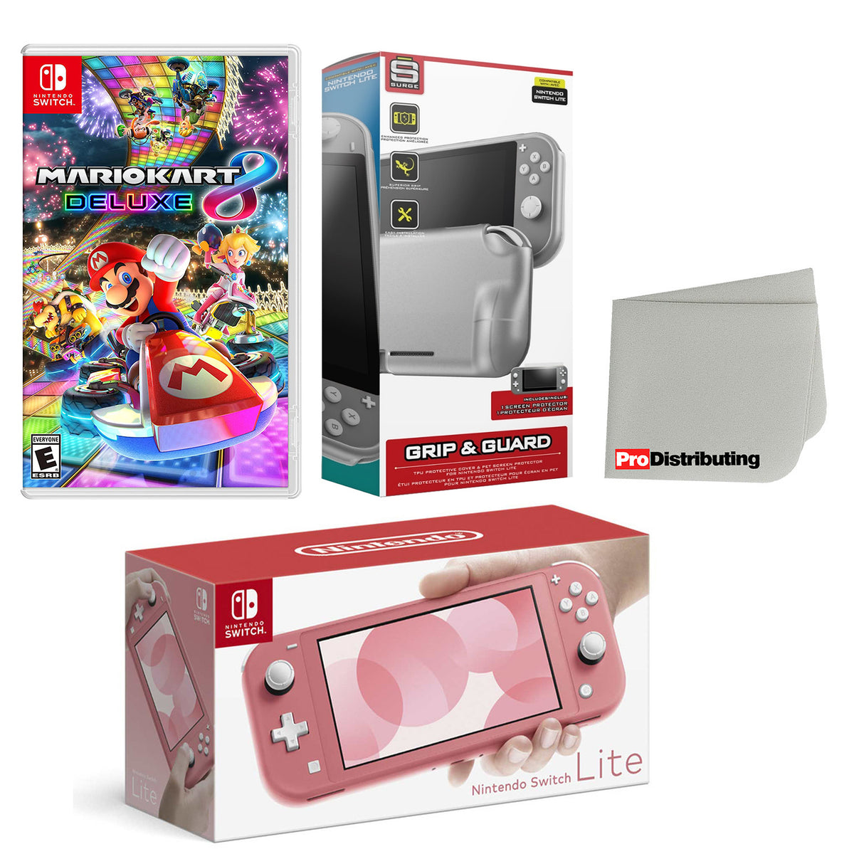 Coral Nintendo Switch Lite Console with Mario Kart 8 Deluxe, Protective Case, Screen Protector and Screen Cleaning Cloth Bundle Q25000