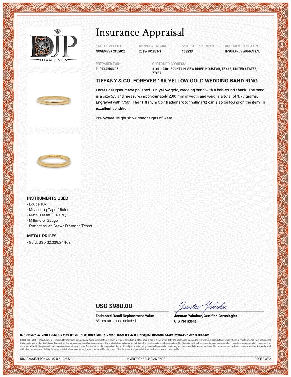 18K Yellow Gold Wedding Band Ring N240