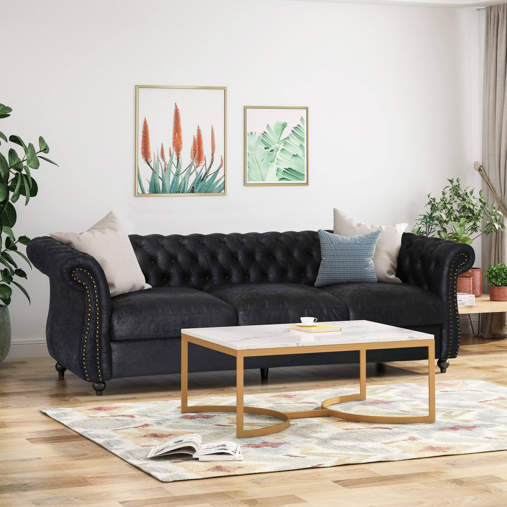Navy Blue Tufted Microfiber Sofa with Scroll Arms R187265