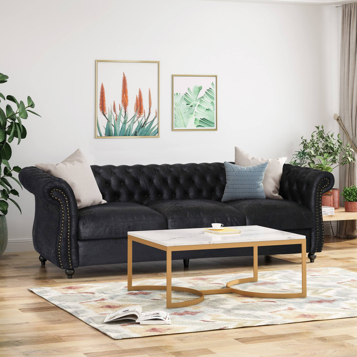 Navy Blue Tufted Microfiber Sofa with Scroll Arms R187265