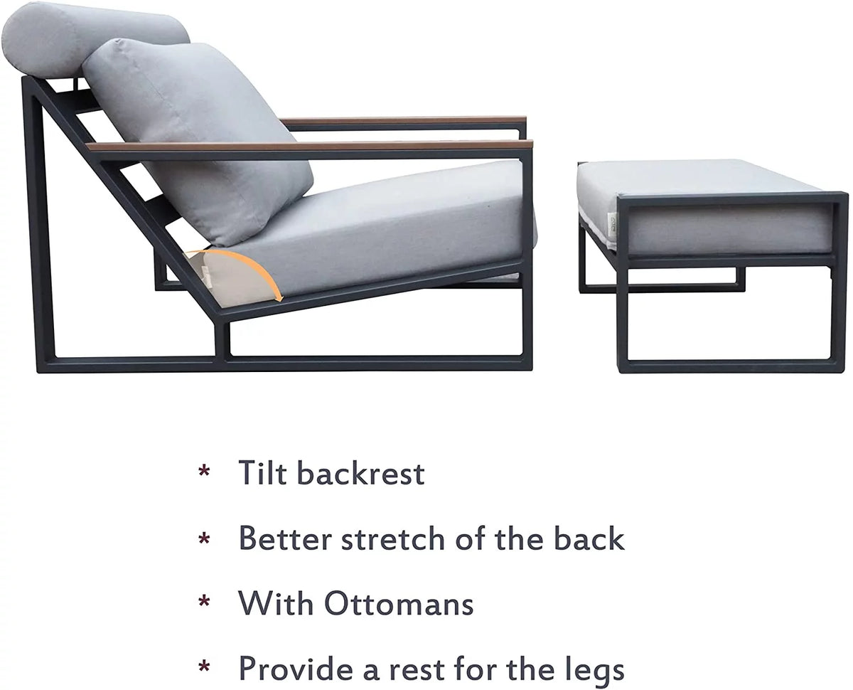 3PCS Gray Outdoor Aluminum Recliner Lounge Chair Set with Ottoman & Side Table V211