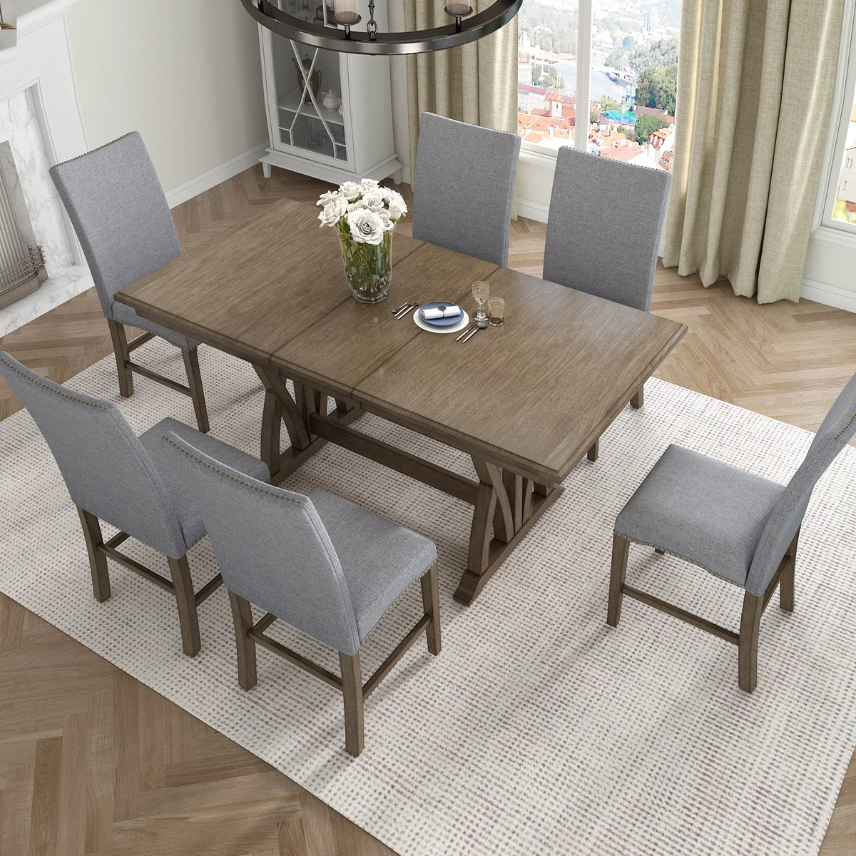 Solid Wood 7-Piece Extendable Dining Table Set with Upholstered Chairs E865408