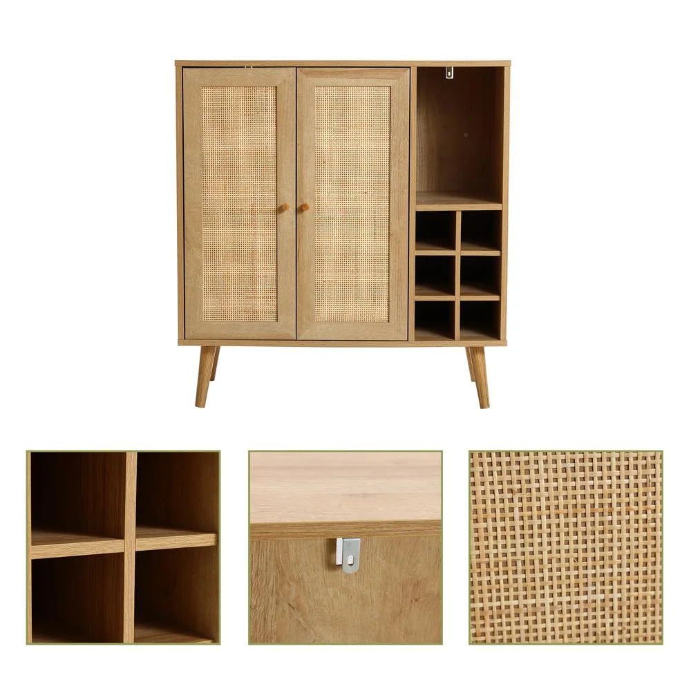 Light Oak Engineered Wood Rattan Wine and Storage Cabinet V83626