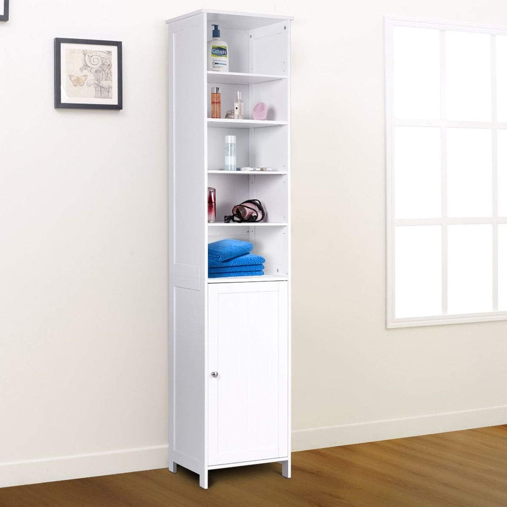 White Tall Bathroom Storage Cabinet with Door and 5 Adjustable Shelves L80097