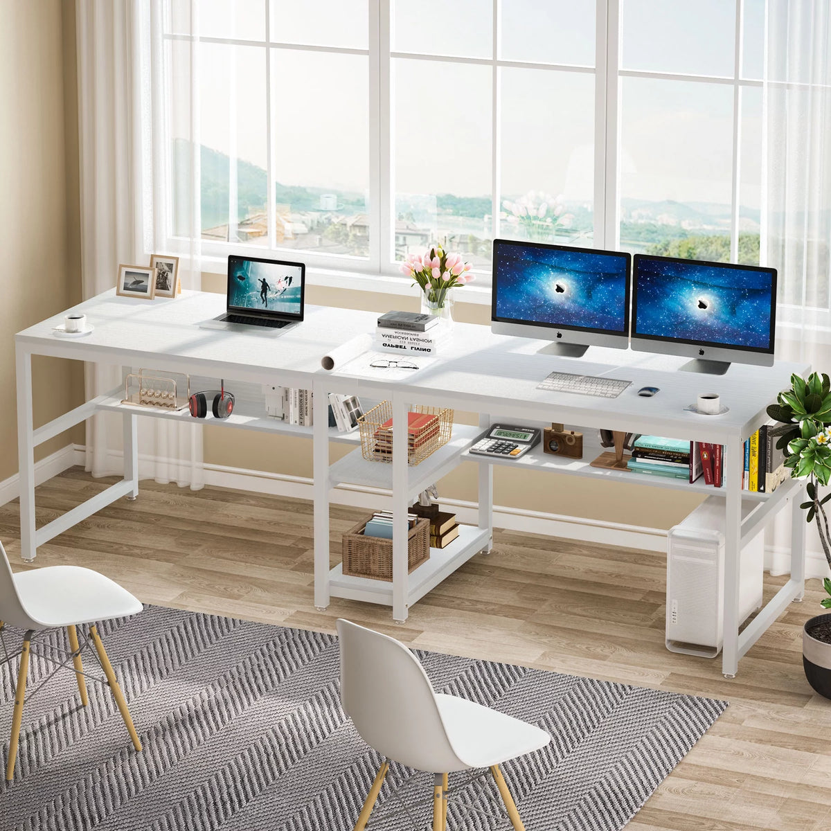 White Two Person Desk with Bookshelf R44960