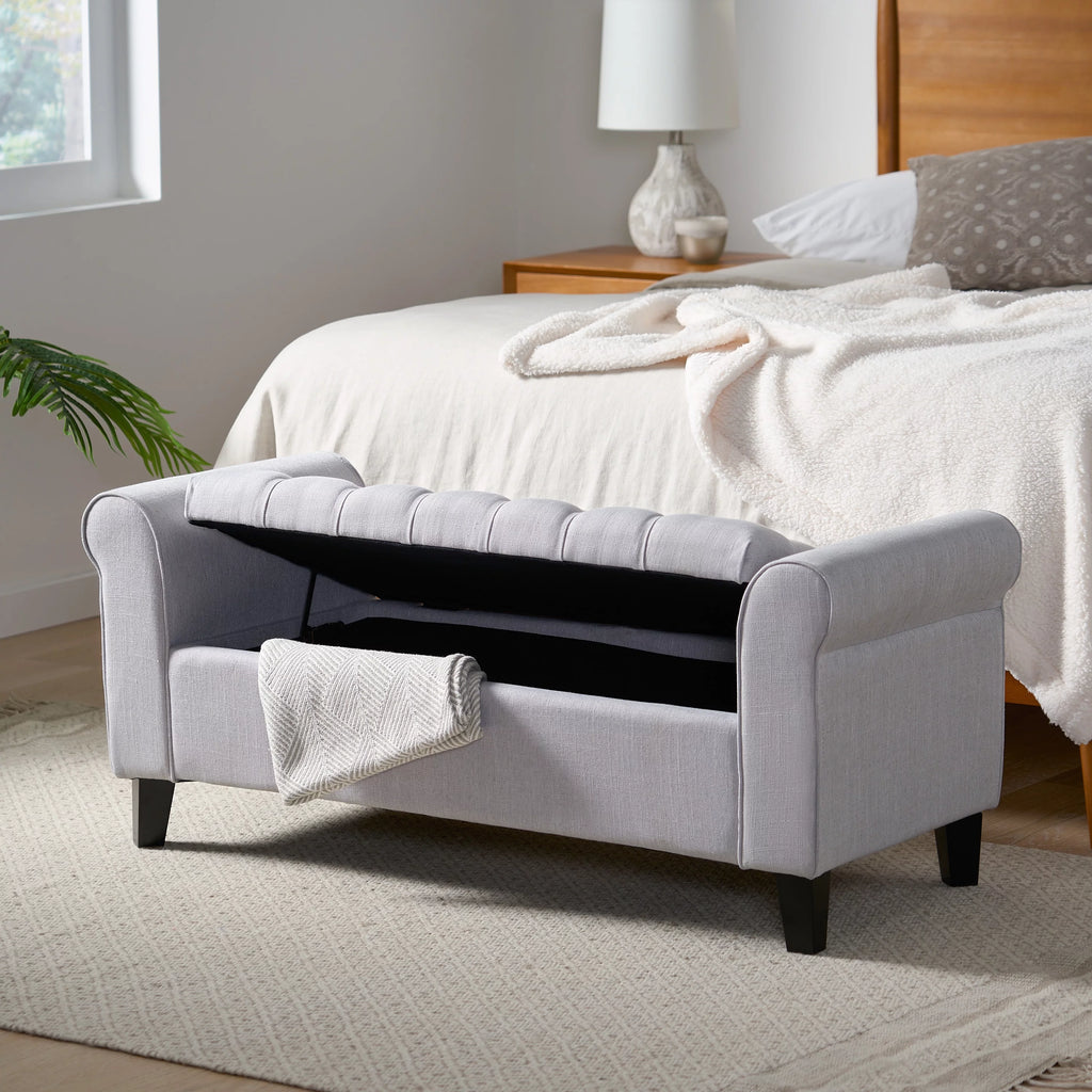 Light Gray and Dark Brown Fabric Storage Ottoman Bench O396
