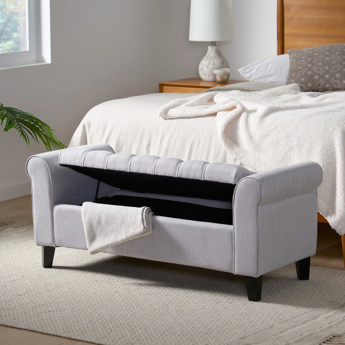 Light Gray and Dark Brown Fabric Storage Ottoman Bench O396